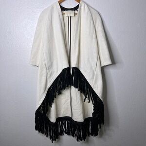 Maje Vitala Ecru Textured‎ Knit Fringe Poncho Wrap Sweater Pockets Size 1 Small